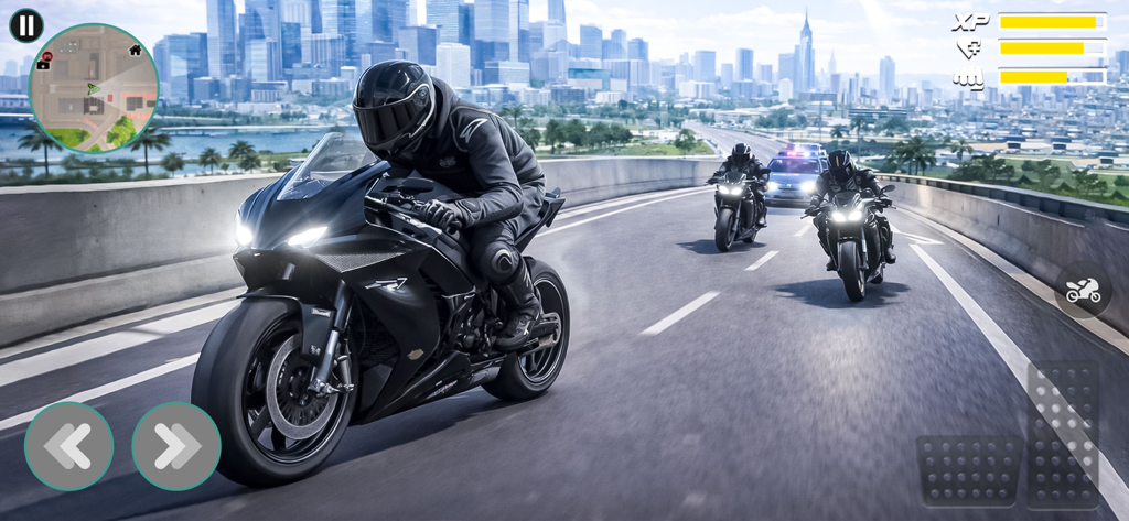 Gangster Bike Racing Simulator - Action-packed motorbike race on a city highway featuring a police car chase and skyscrapers
