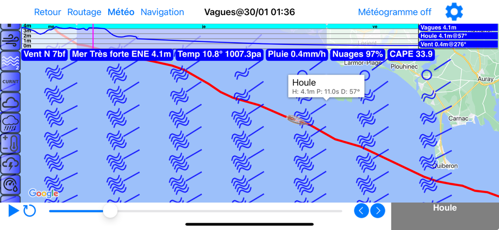 Avalon Offshore App-Oberfläche mit Marine-Wetter-Routing mit Wellen- und Winddaten-Overlays