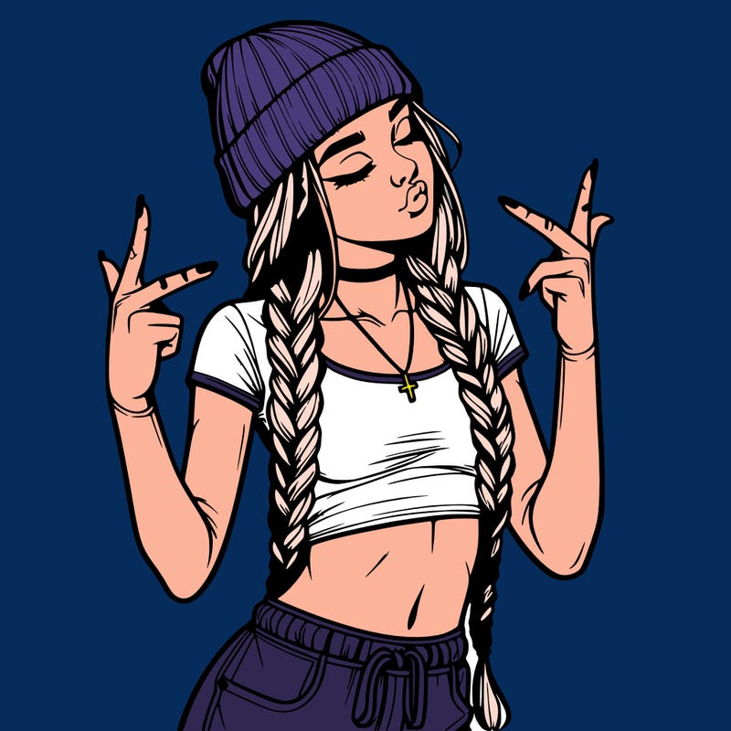 realistic teenage girl with braids and a beanie and crop top doing 🫶🏼
