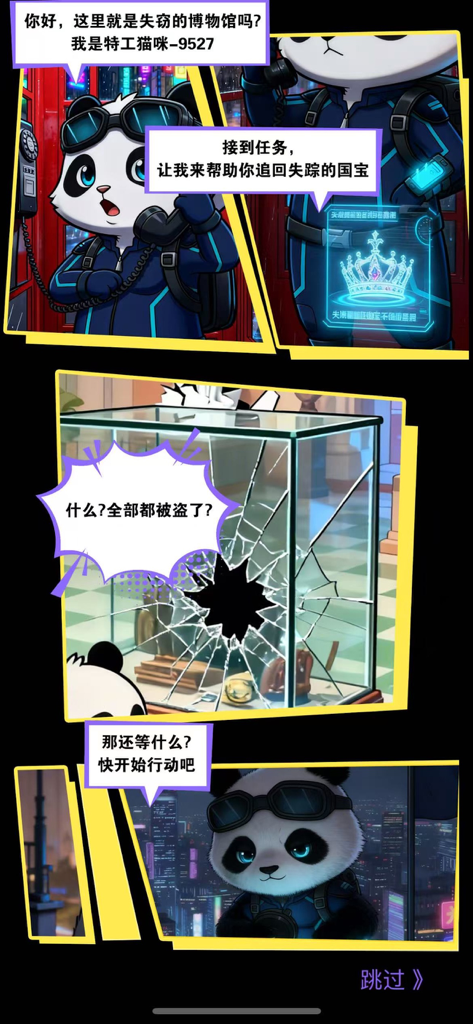 Striscia comica che mostra l'Agente Panda che riceve una missione per recuperare una corona rubata da un museo.