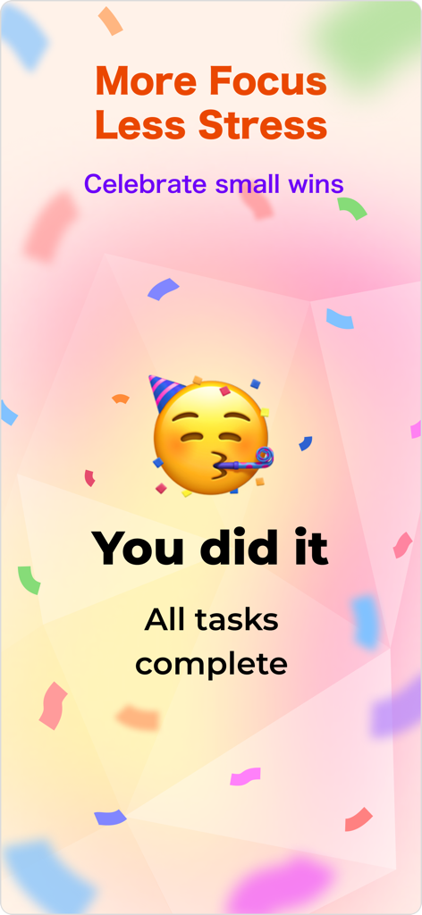 Day Flow: AI Daily Planner - A celebratory screen in the Day Flow app with confetti and a party emoji showing all tasks complete to encourage focus and reduce stress