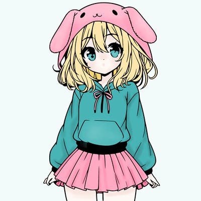 pretty anime girl wearing a fluffy hoodie with bunny ears on the hood and a skirt