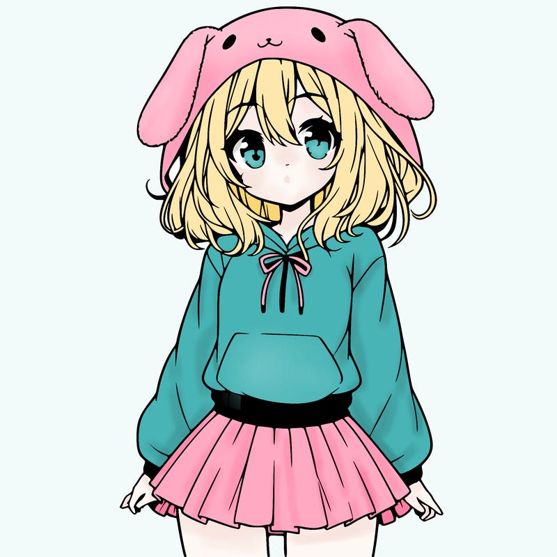 pretty anime girl wearing a fluffy hoodie with bunny ears on the hood and a skirt