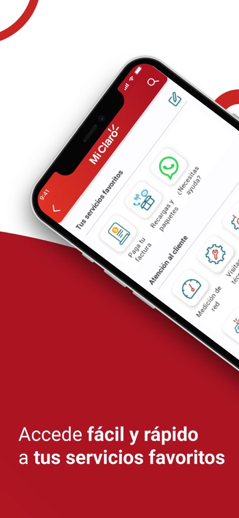 Mi Claro Colombia - Interface de l'application Mi Claro Colombie montrant un accès rapide aux services favoris comme le paiement de factures et les recharges