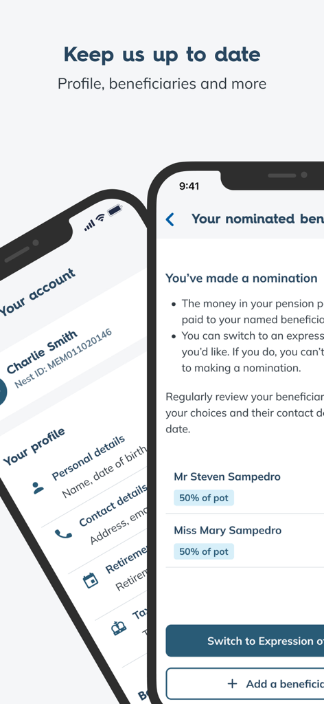 Interfaz de la aplicación Nest Pensions que muestra los detalles del perfil de la cuenta y los beneficiarios designados
