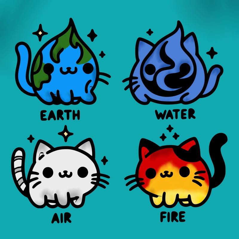 4 cats that represent the different elements, earth, water, air, and fire