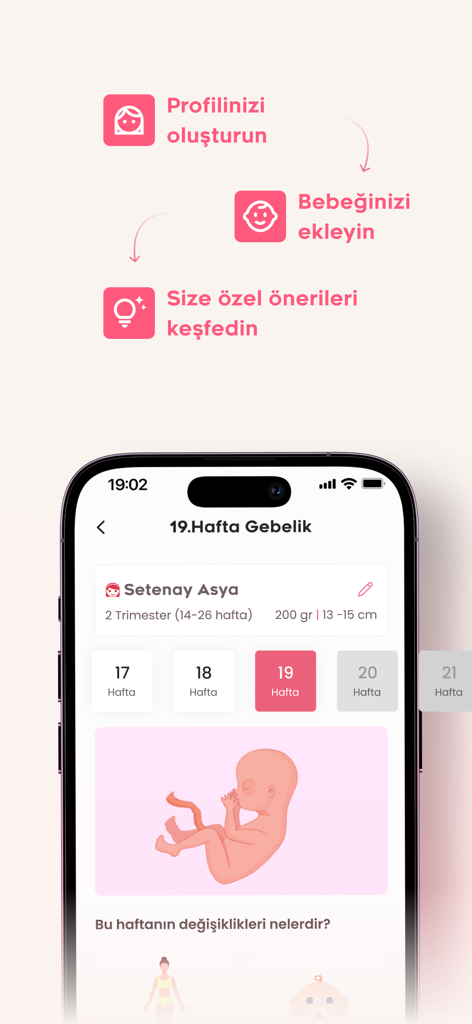 Momy: Bebek & Hamilelik Takibi - Interface de l'application Momy montrant le suivi de grossesse de la 19e semaine avec une illustration du fœtus et des données de développement.
