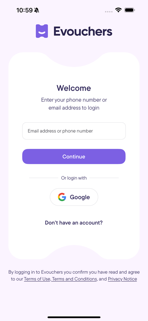Evouchers app login screen with fields for email or phone number and a Google sign-in option