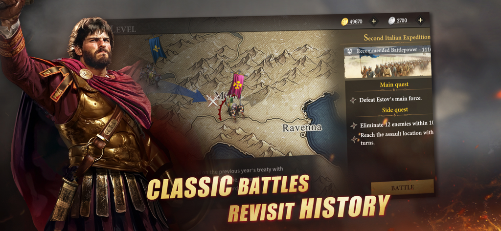 Grand War 4: Medieval Strategy - A screenshot of Grand War 4 Medieval Strategy showing a Roman commander and a tactical campaign map of Italy with mission objectives.