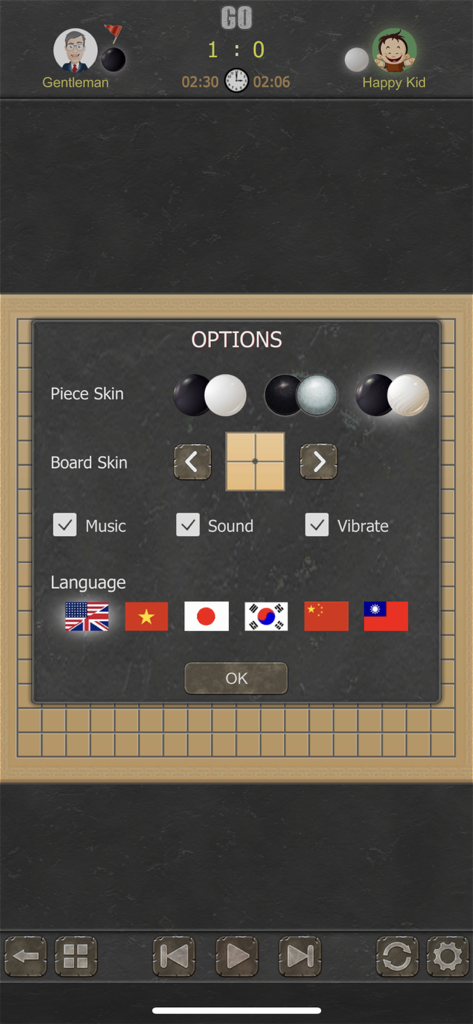 Go Game - 2 Players - Menu de opções do aplicativo de jogo de tabuleiro Go para personalizar skins de peças, skins de tabuleiro e configurações de idioma