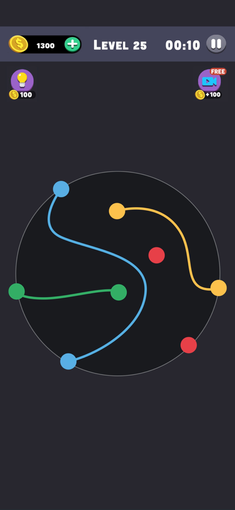 Same Color: Connect The Dots - A circular puzzle interface with dots of different colors connected by matching lines in the Same Color Connect The Dots game