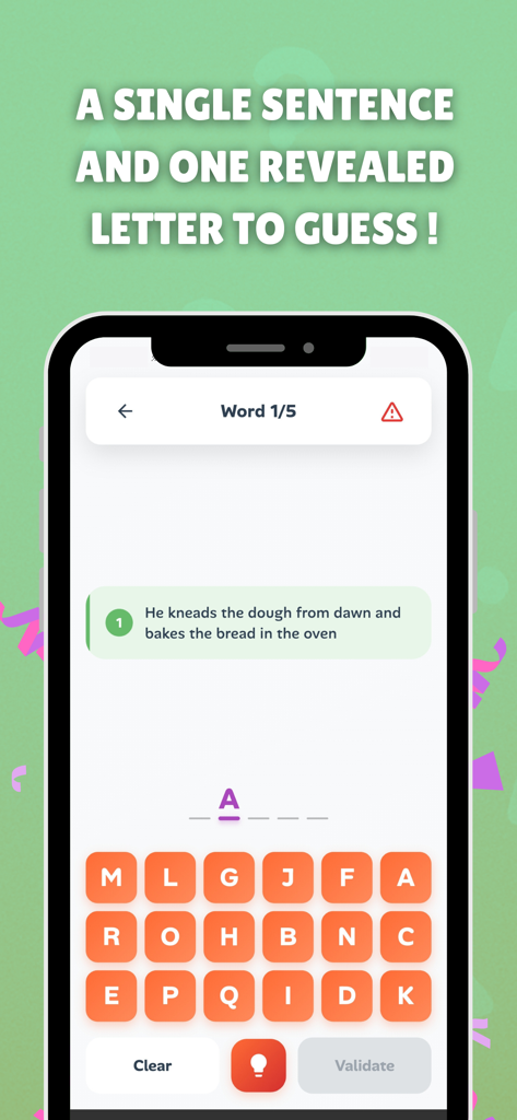 Captura de pantalla del modo hardcore de Adivina la Palabra, mostrando una pista de una sola frase sobre un panadero y una letra revelada en una palabra de cinco letras