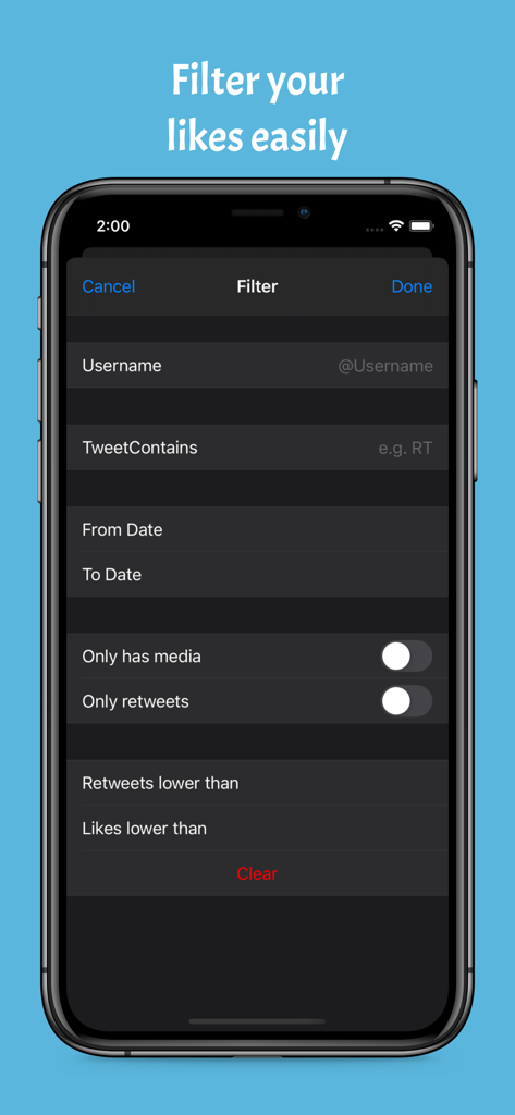 Delete Likes for Twitter - A mobile interface for the Delete Likes for Twitter app showing advanced filter options like username, date range, and keyword search.