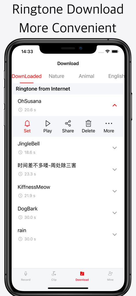 Ringtone DIY - Make it unique - Interfaz de la aplicación Ringtone DIY que muestra una lista de tonos de llamada descargados con opciones para reproducir y compartir sonidos personalizados.