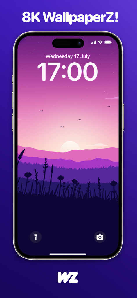 iPhone screen displaying a high resolution minimalist purple sunset and mountain landscape wallpaper from the WallpaperZ app