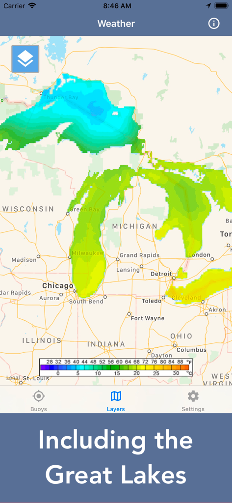 Karte, die die Wassertemperatur für die Region der Großen Seen in der App zeigt