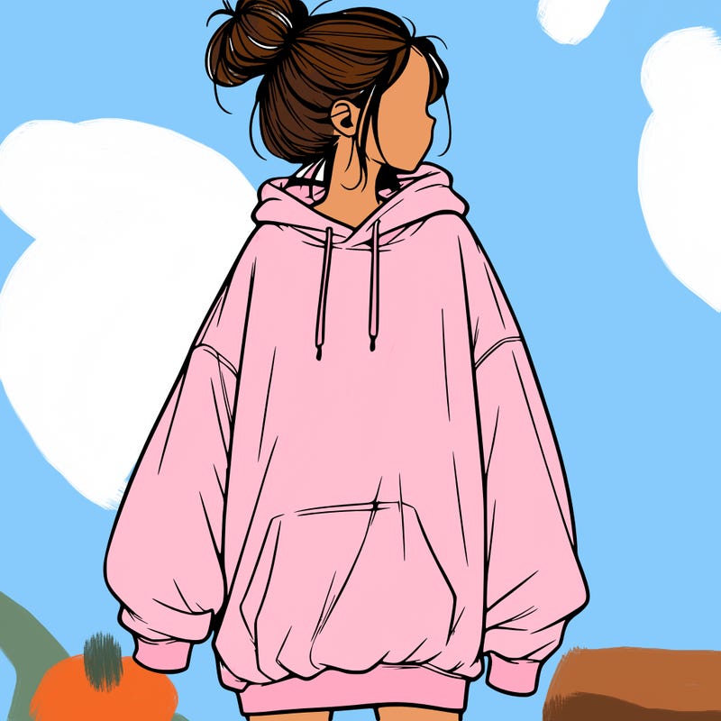 realistic girl with a oversized sweatshirt on and a bun
