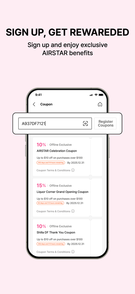 Incheon Airport Duty Free Shop - Screenshot of the AIRSTAR Duty Free app showing a coupon registration field and a list of available discount coupons for Incheon Airport.