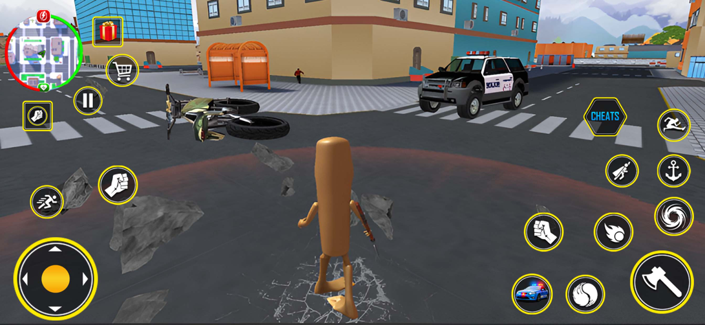 Brainzot City: Open World Fun - A character stands in a city street near a police vehicle in Brainzot City gameplay