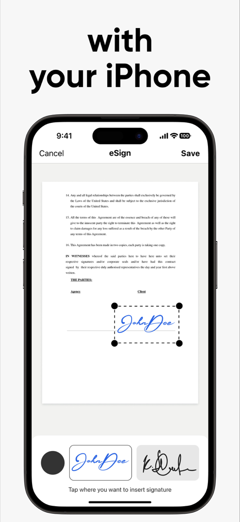 Una pantalla de iPhone mostrando la interfaz de la app eSign utilizada para añadir una firma digital a un documento PDF.