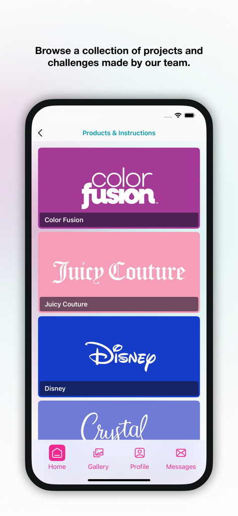 Schermata dell'app Make It Real che mostra categorie di progetti di kit creativi, inclusi i marchi Disney e Juicy Couture.