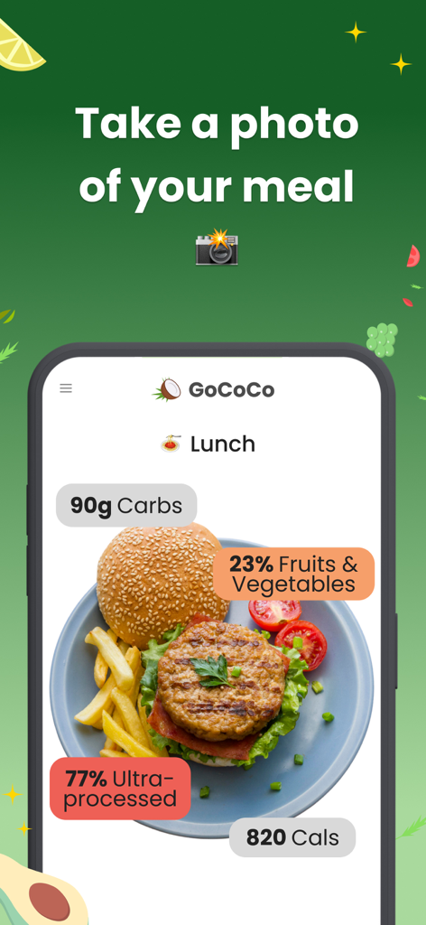 GoCoCo - Diabetes Food Tracker - GoCoCo app interface showing a photo of a burger and fries analyzed for carbs calories and processed food content