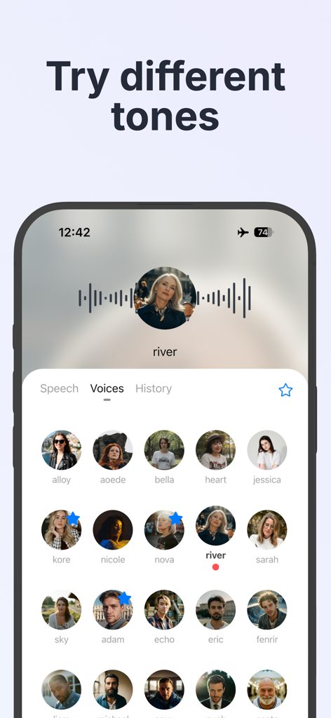 Koro Voices: Text to speech - Pantalla de aplicación móvil que muestra varias opciones de voz IA con avatares únicos en Koro Voices