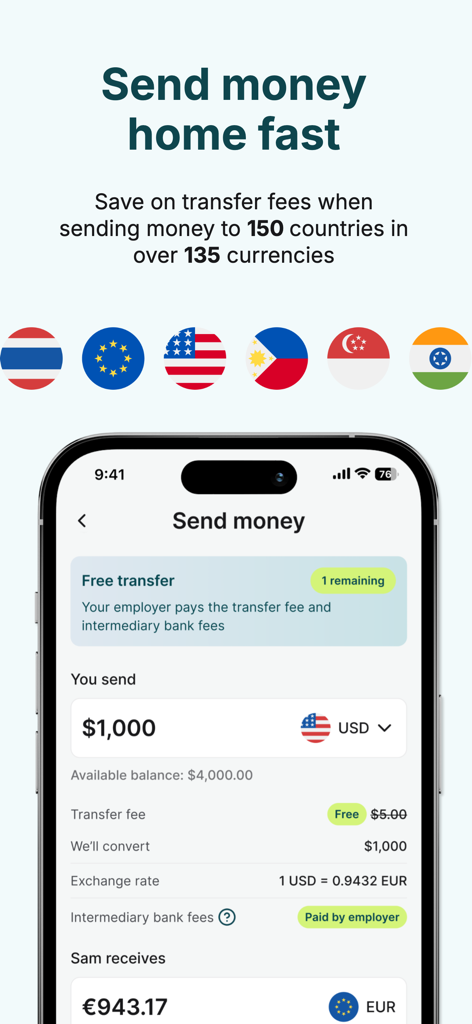 Interface de l'application MarTrust affichant un transfert d'argent international sans frais de USD à EUR