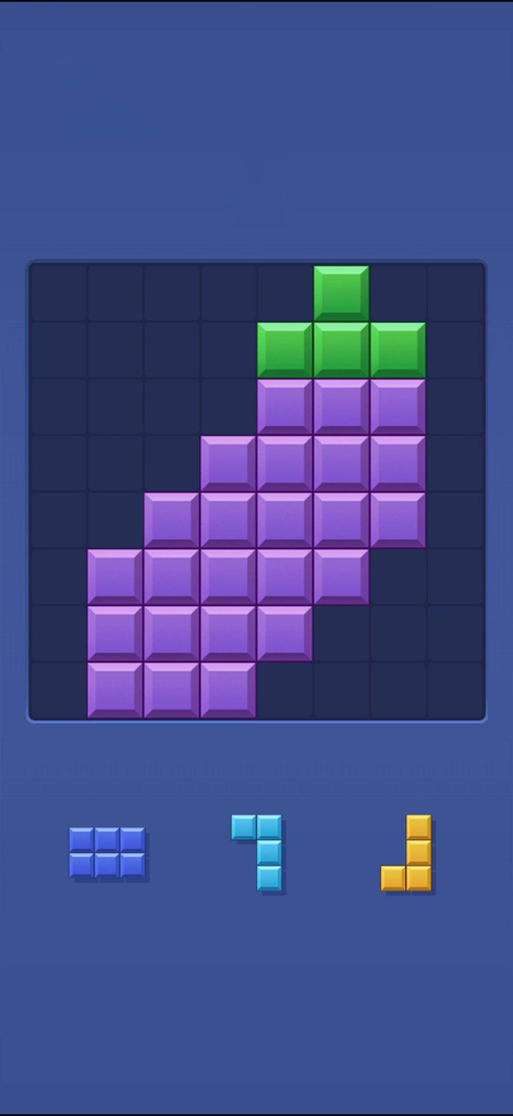 Block Blast - Fun Block Games - Pantalla del juego de puzzle de bloques que muestra una forma de bloque morado y verde en una rejilla con nuevas piezas de bloques debajo