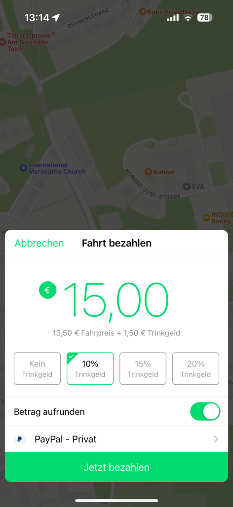 Taxi Deutschland - Taxi Deutschland App-Zahlungsbildschirm mit angezeigtem Fahrpreis in Euro, Trinkgeldoptionen und PayPal-Zahlungsmethode