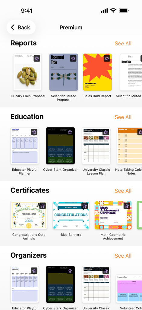 Un menu di modelli di documenti premium nell'app Pages, incluse categorie per report, istruzione e certificati.