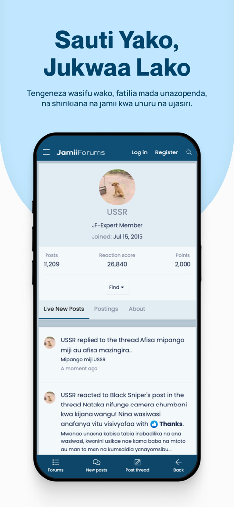 A mobile interface of the JamiiForums app showing a user profile with post statistics and a feed of recent activity.
