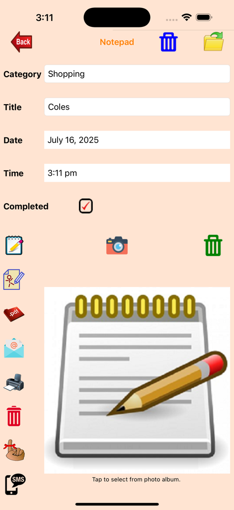 NotePad-Pro - NotePad-Pro app screen showing a shopping list entry for Coles with options for typed and handwritten notes.