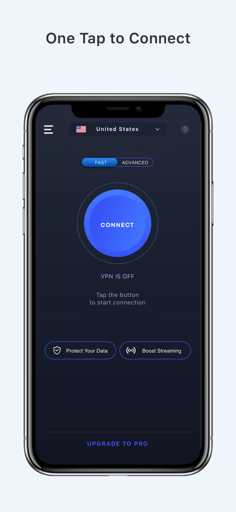 Hotspot VPN mobile app interface showing the main one tap connect screen with data protection and streaming boost options