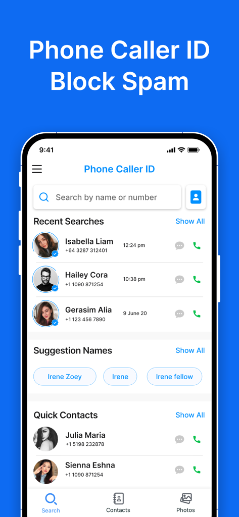 Show Caller Name & Block Spam - Interface of the Phone Caller ID app featuring search by name or number and recent contact list