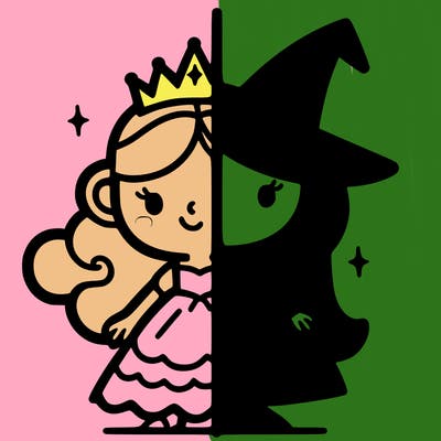 detailed split of a princess and a witch