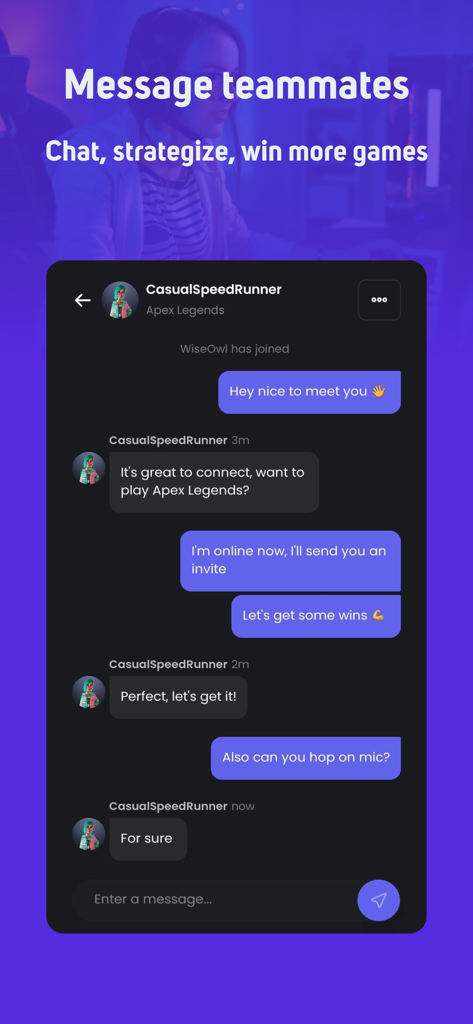 GamerLink LFG, Find Teammates! - Interface de chat de l'application GamerLink montrant deux joueurs coordonnant une session d'Apex Legends et confirmant l'utilisation du microphone.