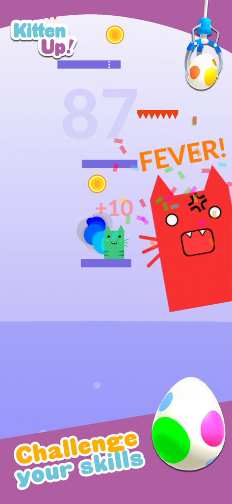 Jogabilidade de Kitten Up mostrando um gato verde saltando durante o modo febre com uma máquina de garra e ovos.