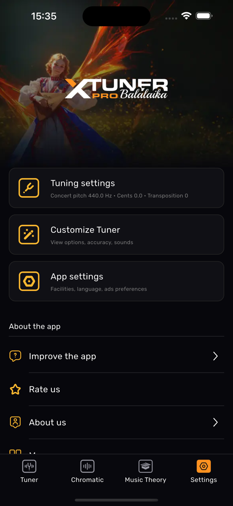 Balalaika Tuner – XTuner PRO - Settings screen of the Balalaika Tuner XTuner PRO app showing tuning and customization options