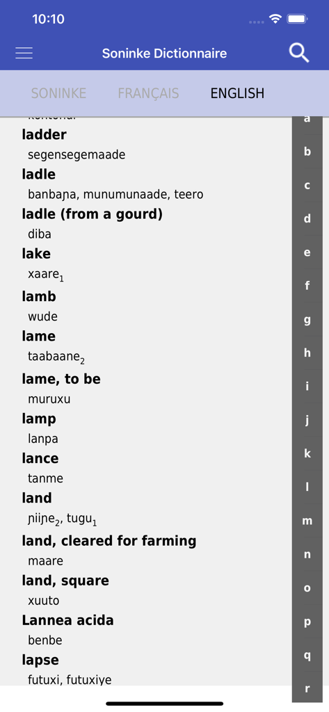 English to Soninke word translations in the dictionary app interface