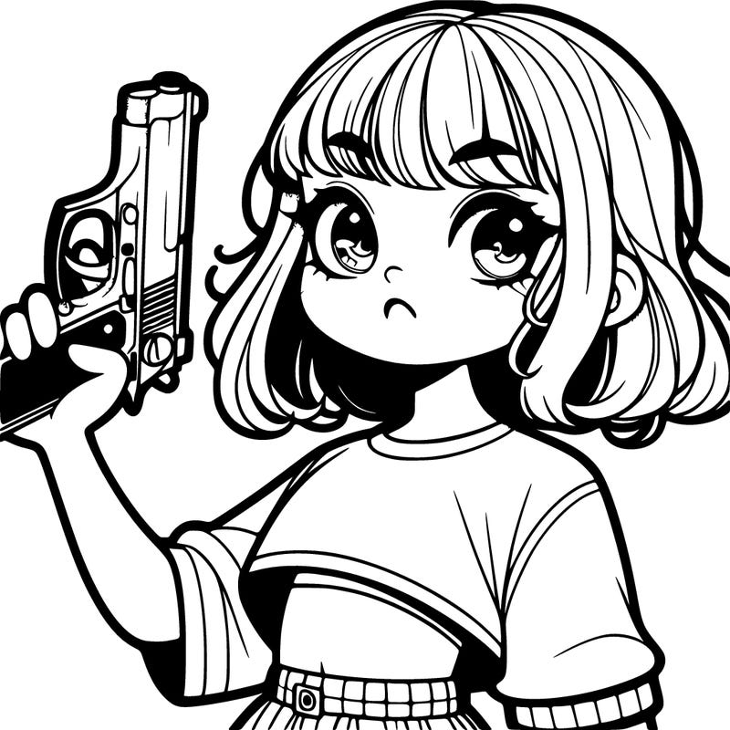 girl holding gun with crop top but looks innocent