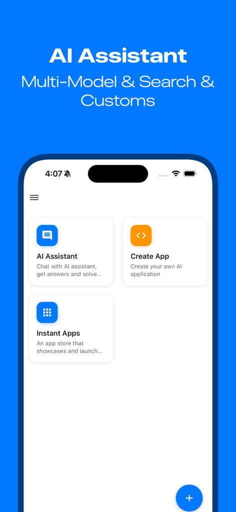 Morphix AI app main interface showing options for AI Assistant and Create App