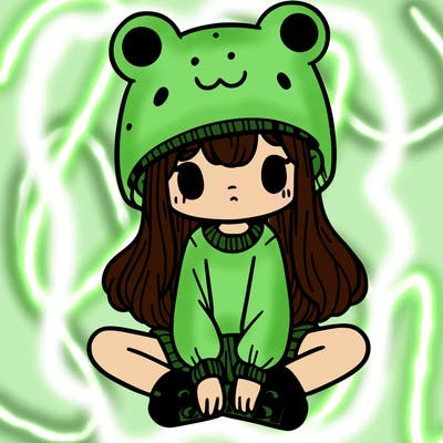 a girl wearing a frog hat and some frog socks