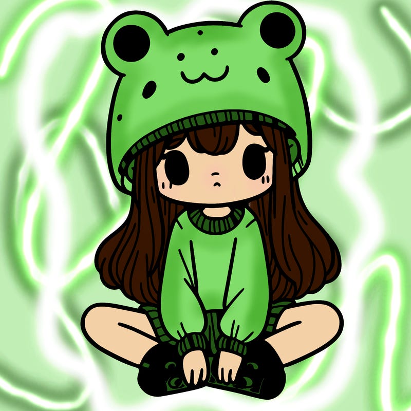 a girl wearing a frog hat and some frog socks