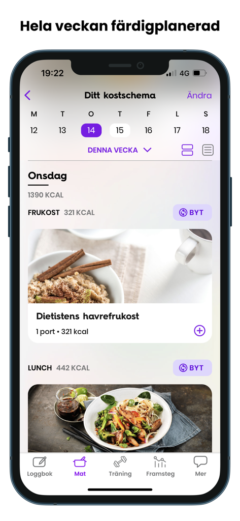 Wellobe - Smartphone screen showing the Wellobe app diet plan interface with calorie counted breakfast and lunch recipes for a planned week.