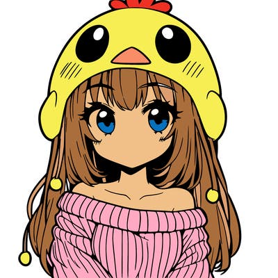 anime girl with chick shaped hat with sweater with bare shoulders with bangs covering them one eye with low tail