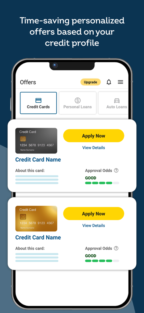 TransUnion® - TransUnion app interface displaying personalized credit card offers with approval odds based on user credit profile