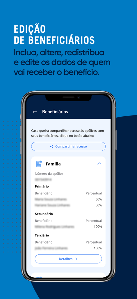 Prudential Seguros - Ecrã da aplicação Prudential Seguros mostrando detalhes e percentagens de beneficiários de seguro
