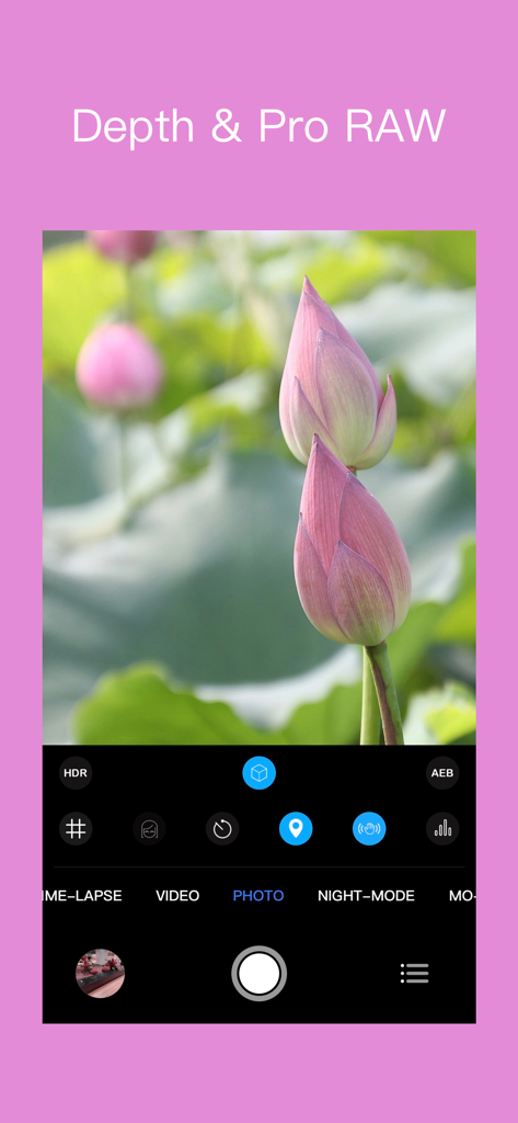 RCam Pro mobile app interface showing Depth and Pro RAW photography modes with a photo of lotus buds.