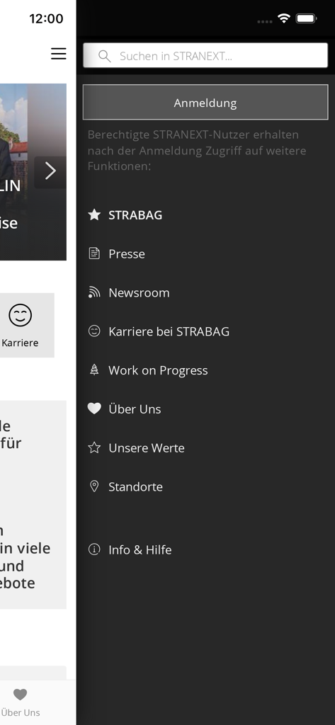 STRANEXT - Sidebar navigation menu of the STRANEXT app featuring links to newsroom careers and company locations